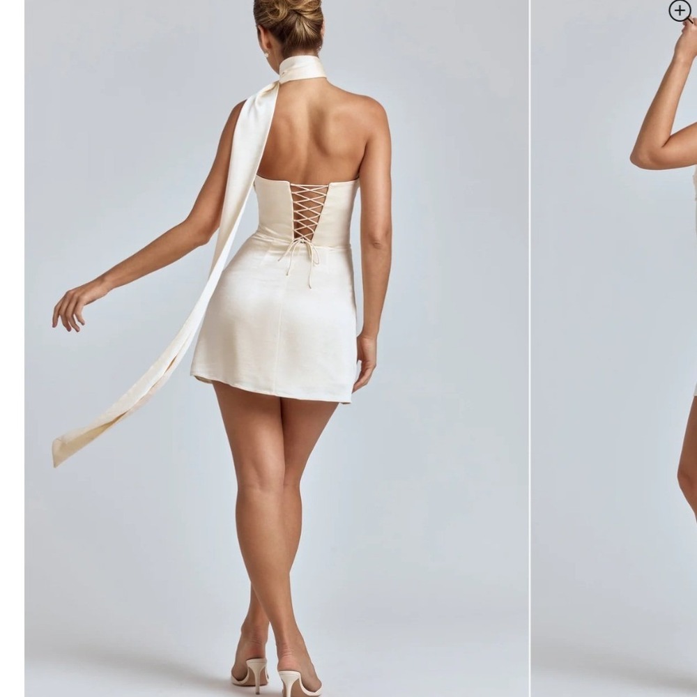 Oh Polly Anastasia Ivory Draped Halterneck Satin Mini Dress US 8 NEW Bride - Picture 2 of 8